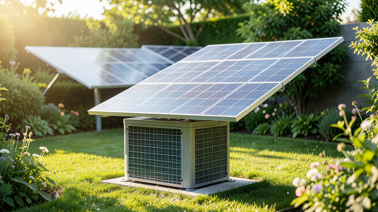 générateur solaire domestique installé dans un jardin avec panneaux photovoltaïques en arrière-plan