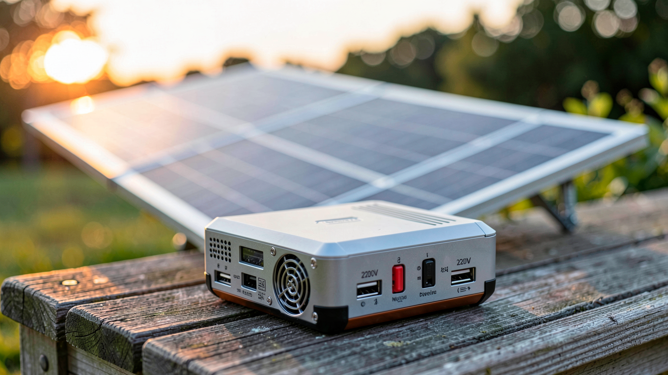 générateur solaire portable 220v posé sur une table en bois avec panneaux solaires déployés en arrière-plan