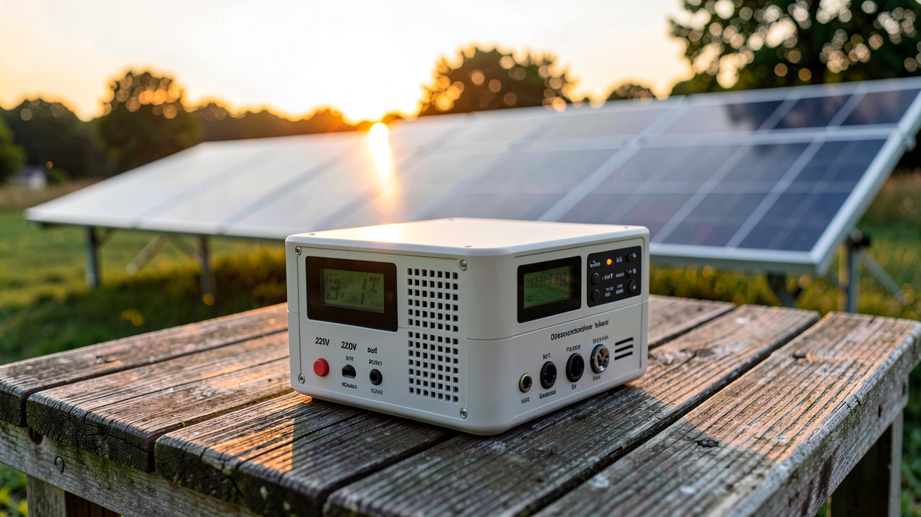 générateur solaire portable 220V posé sur une table en bois avec panneaux solaires déployés en arrière-plan