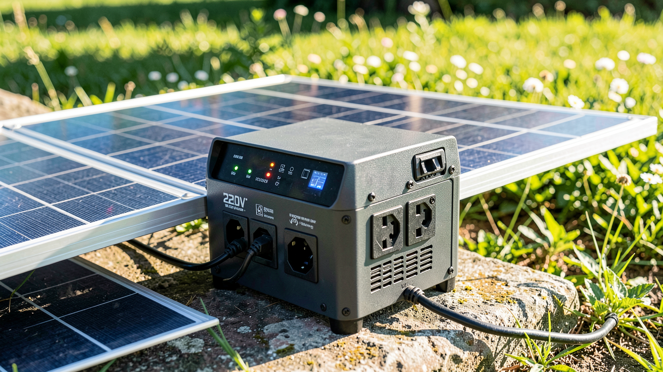 générateur solaire portable 220V en fonctionnement avec panneaux solaires déployés et voyants lumineux