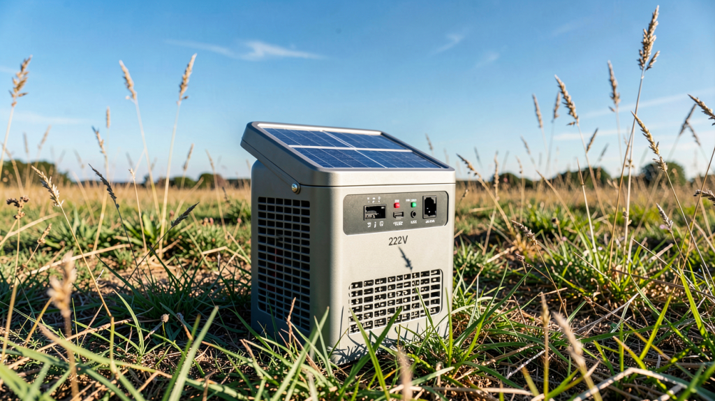 générateur solaire portable 220v posé sur un sol herbeux sous le soleil, avec panneaux solaires éclatants et branchements visibles