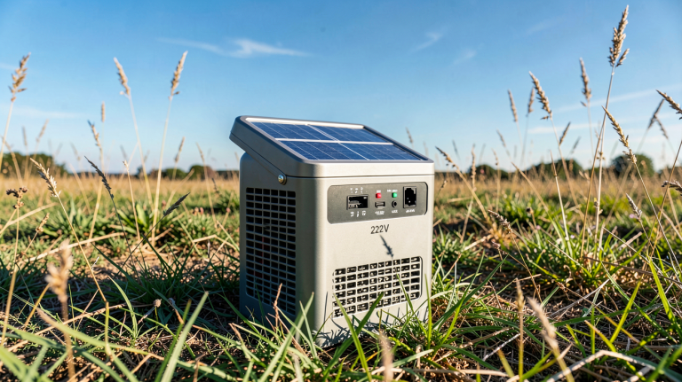 générateur solaire portable 220v posé sur un sol herbeux sous le soleil, avec panneaux solaires éclatants et branchements visibles
