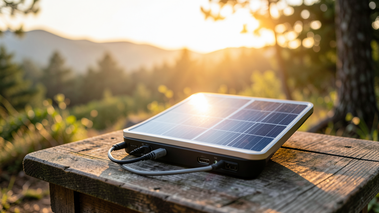 générateur solaire portable utilisé pour l'alimentation d'appareils électroniques en plein air.