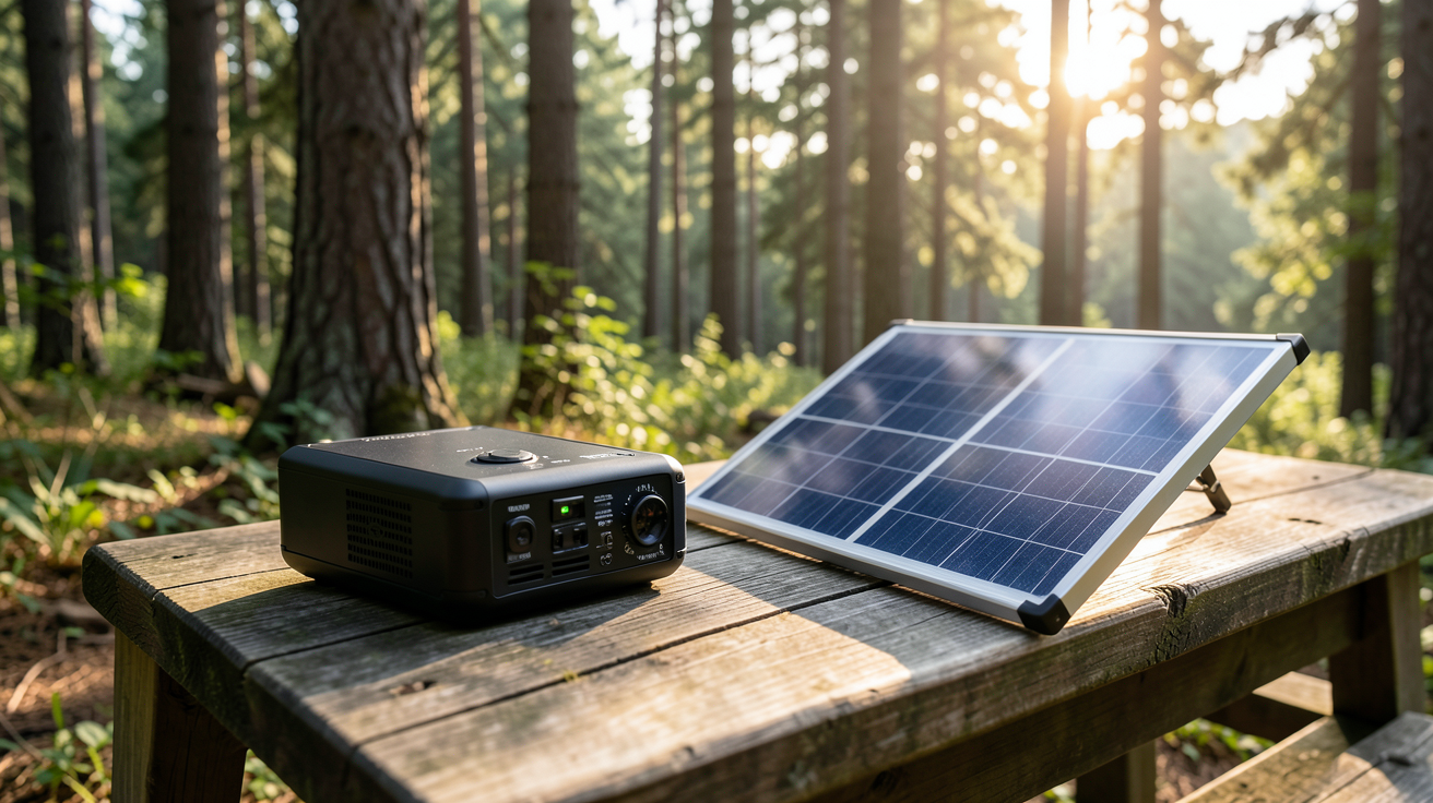 générateur solaire portable utilisé pour l'alimentation électrique lors d'une activité de camping en pleine nature.