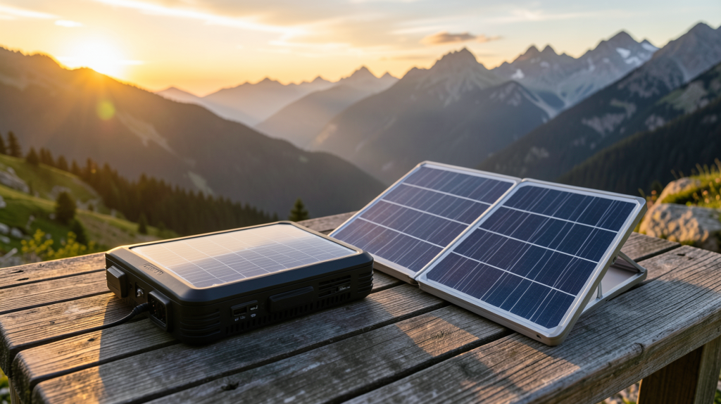 generateur solaire portable utilisé pour l'alimentation électrique en plein air lors d'une excursion en nature.