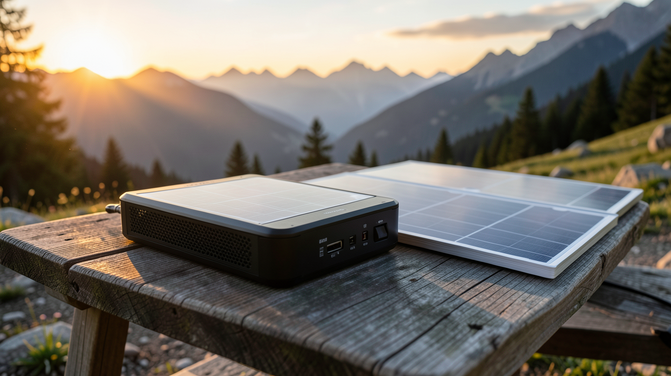générateur solaire portable utilisé pour l'alimentation d'équipements lors d'un camping en pleine nature