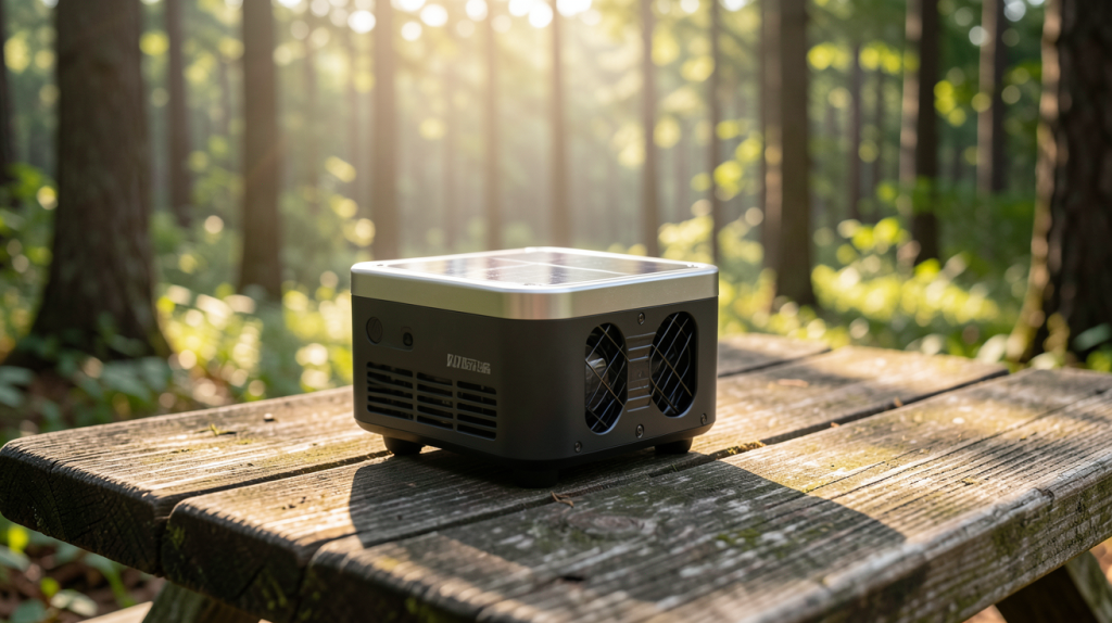 générateur solaire portable compact posé sur une table en bois en plein air, entouré d'une forêt ensoleillée