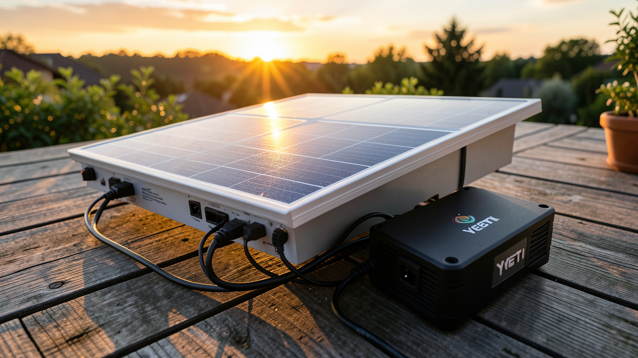 goal zero panneau solaire connecté à une batterie Yeti sur une terrasse en bois