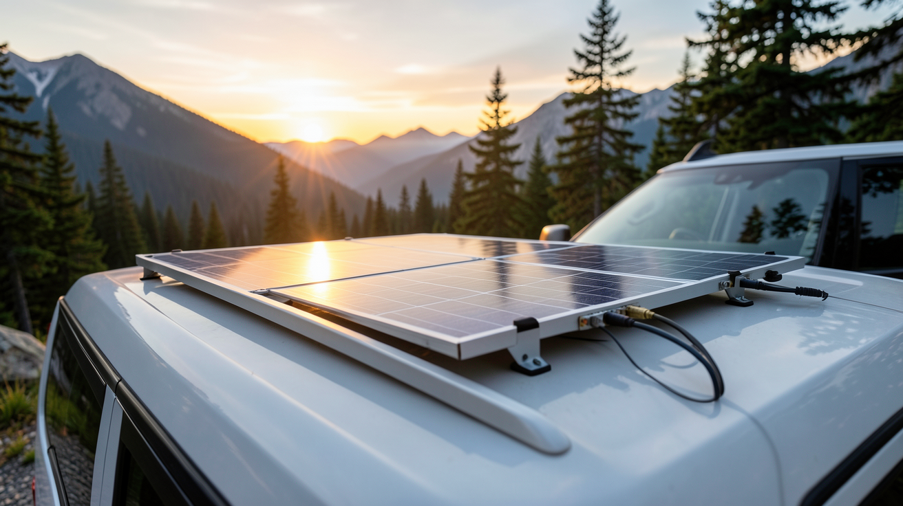 goal zero panneau solaire déployé sur le toit d'un van aménagé en pleine nature