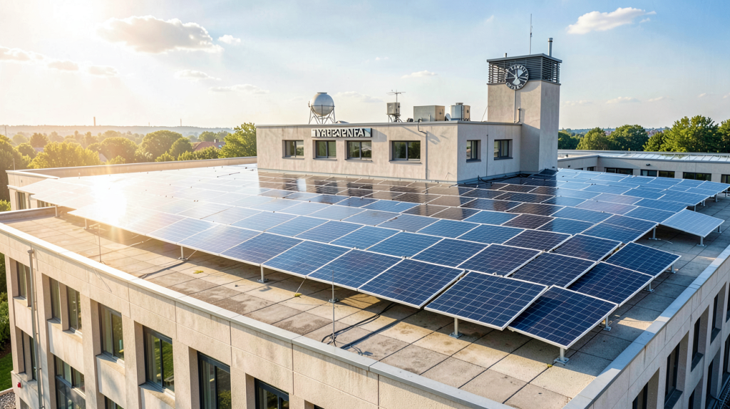 gouv panneau solaire illustrant une installation de panneaux photovoltaïques sur le toit d'un édifice administratif sous une lumière du jour nette