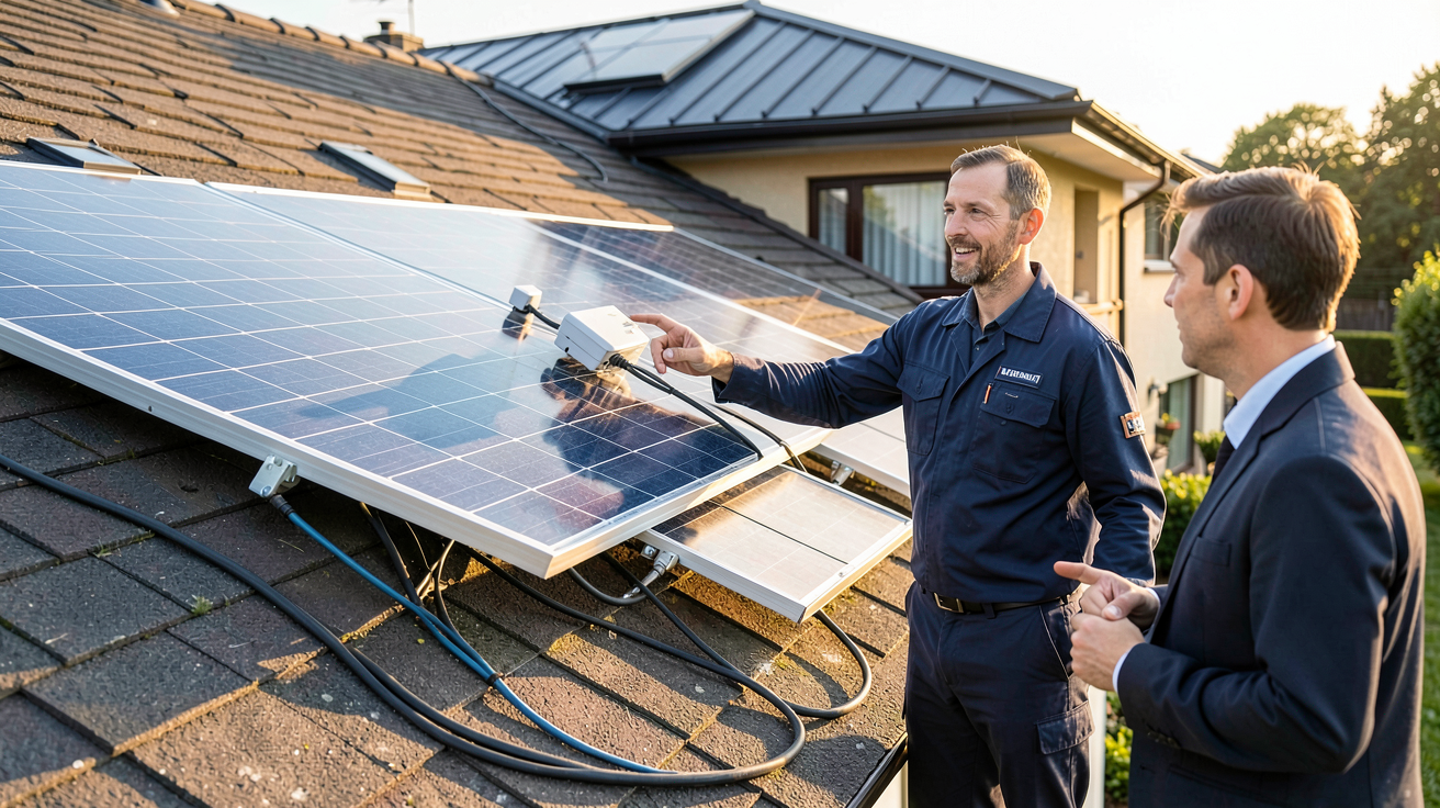 gouv panneau solaire prime autoconsommation photovoltaïque expliquée par un technicien à un client devant un toit équipé