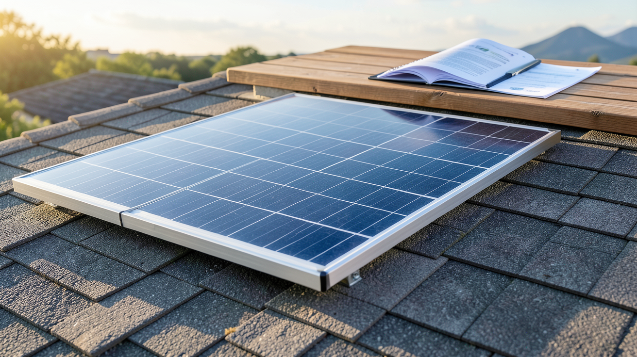 gouvernement panneau solaire : document officiel des aides gouvernementales pour les panneaux solaires en 2025-2026 posé sur une table avec un panneau solaire en arrière-plan