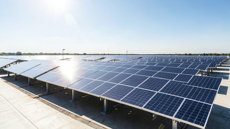 gouvernement panneau solaire illustré par une grande centrale photovoltaïque moderne sous un ciel bleu