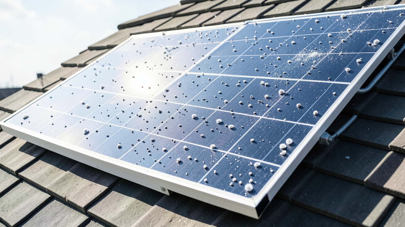 grêle sur panneaux photovoltaïques montrant des impacts de grêlons sur la surface d'un panneau solaire