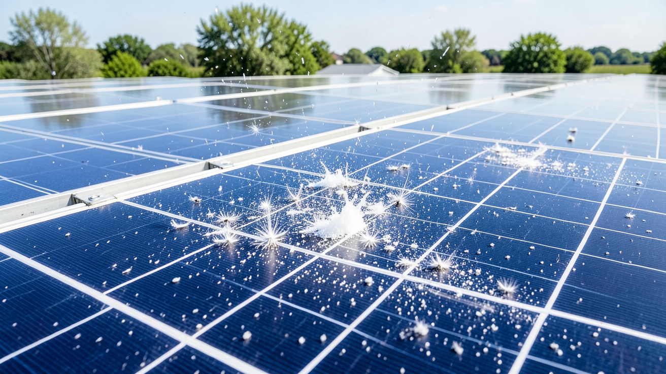 grêle sur panneaux photovoltaïques lors d'un test de résistance montrant les impacts sur la surface des panneaux solaires