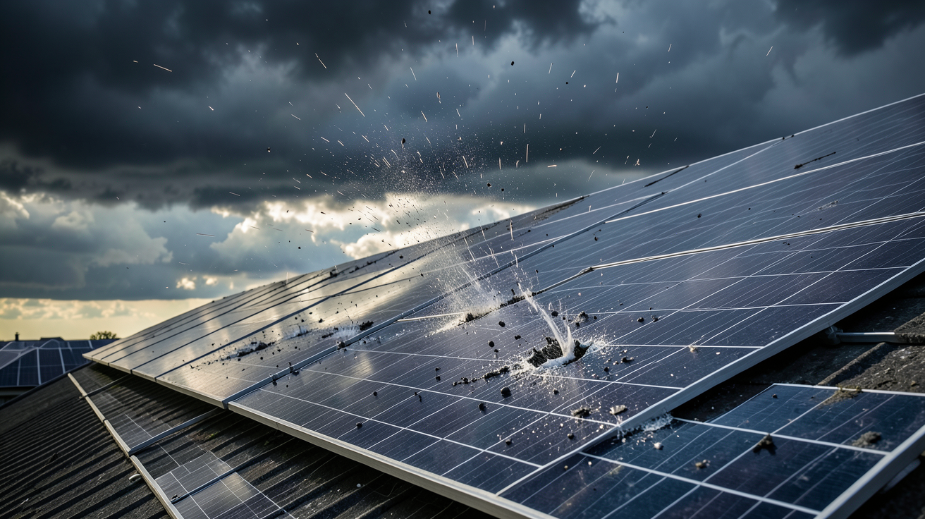 grêle sur panneaux photovoltaïques exposés à un ciel orageux