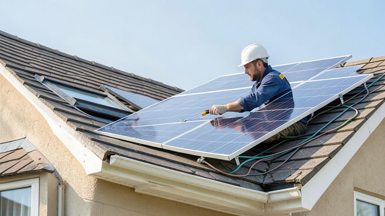 groupe e panneau solaire processus d'installation par un technicien sur un toit résidentiel