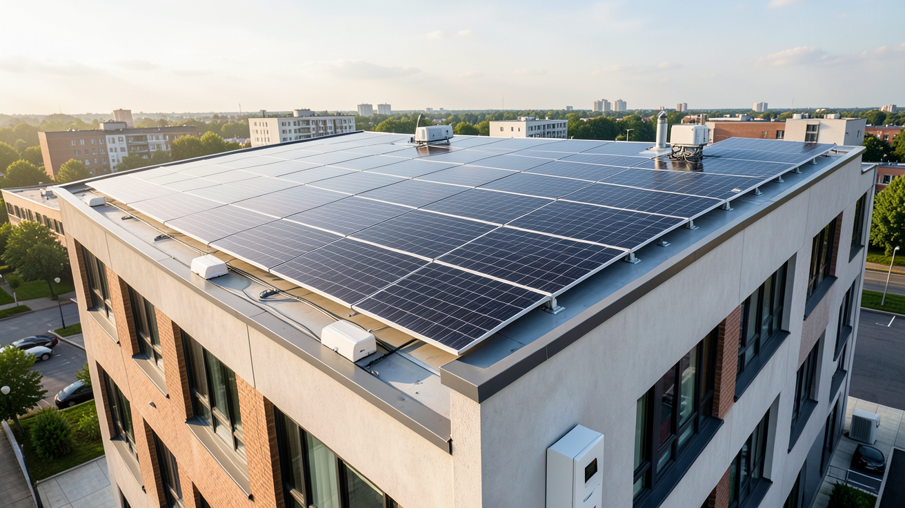 groupe e panneau solaire Smart Solar EASY pour autoconsommation collective installé sur un toit moderne