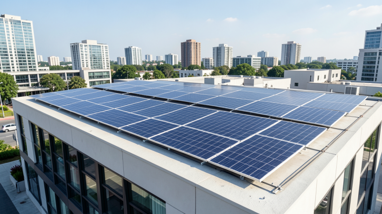 groupe e panneau solaire installé sur le toit d'un bâtiment commercial moderne