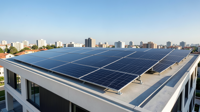 groupe e photovoltaïque installé sur le toit d'une maison urbaine moderne