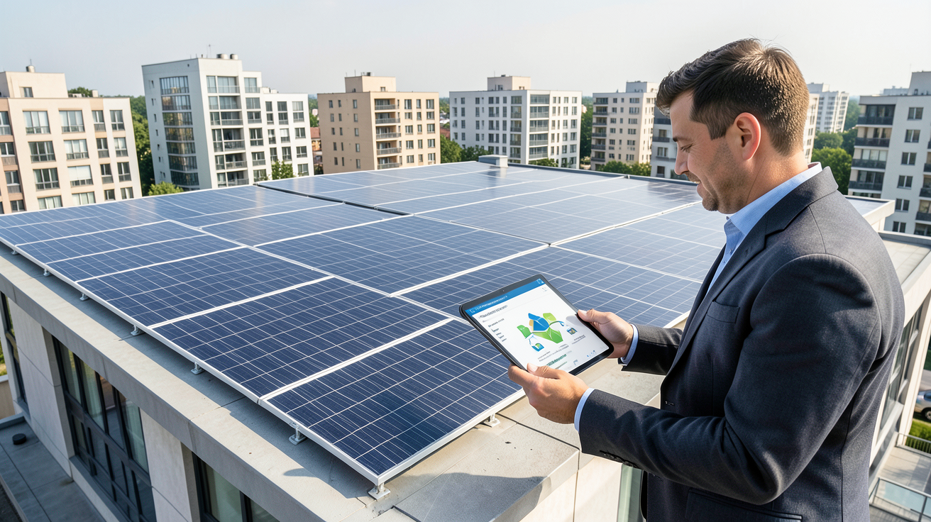 groupe e photovoltaïque montrant des panneaux solaires sur le toit d'un immeuble et les bâtiments voisins, illustrant l'autoconsommation collective
