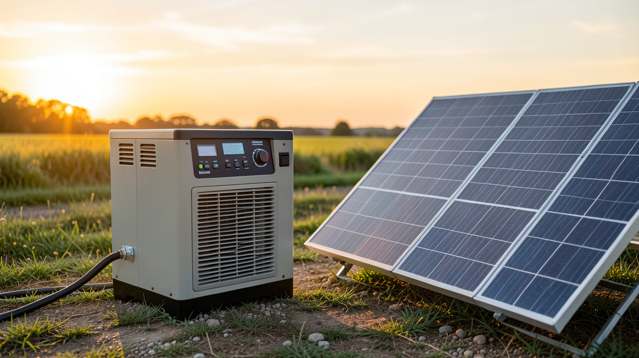 groupe électrogène panneau solaire installé en extérieur avec un panneau photovoltaïque à côté