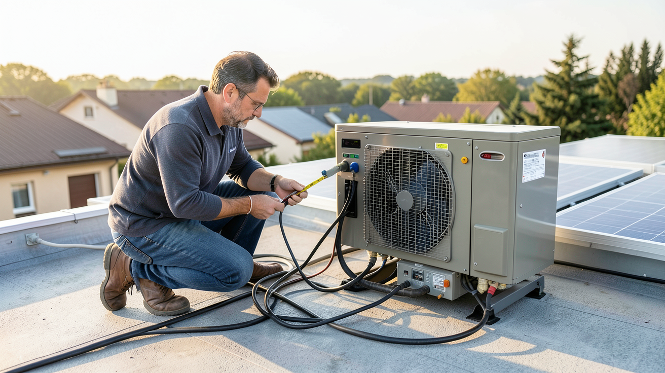 groupe électrogène et panneaux solaires en cours de dimensionnement par un technicien sur un toit résidentiel