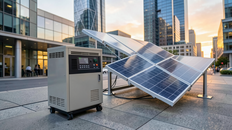groupe électrogène panneau solaire installé en milieu urbain avec lumière naturelle