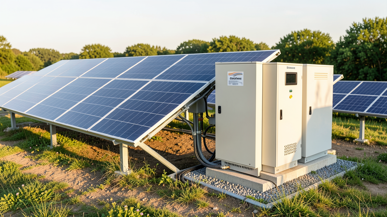 groupe électrogène photovoltaïque installé en extérieur avec panneaux solaires et unité de stockage