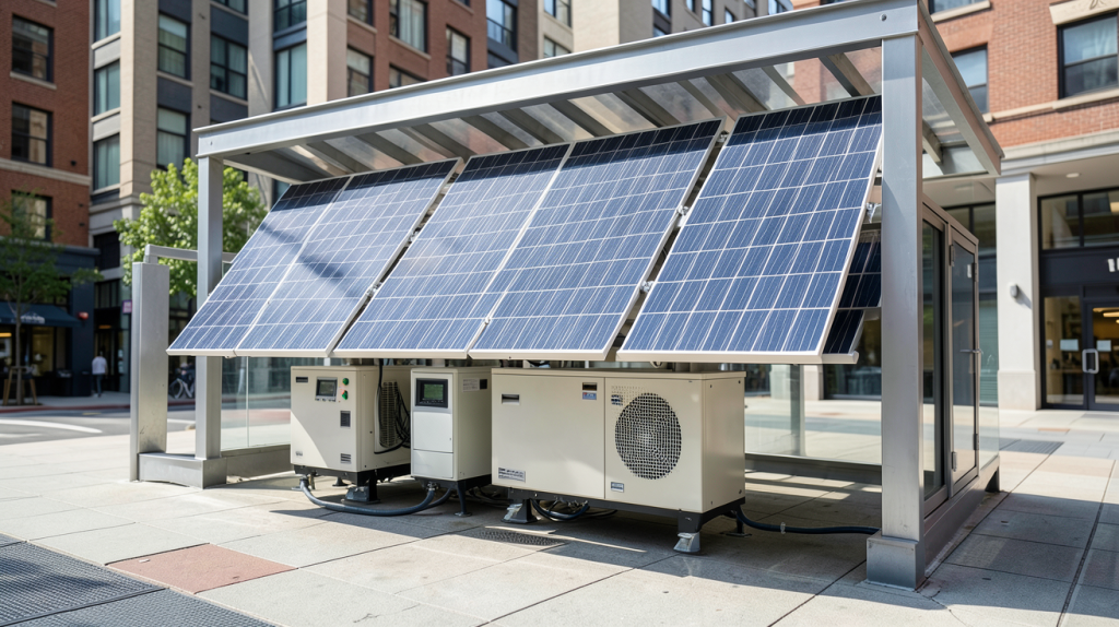 groupe électrogène photovoltaïque installé en milieu urbain avec panneaux solaires