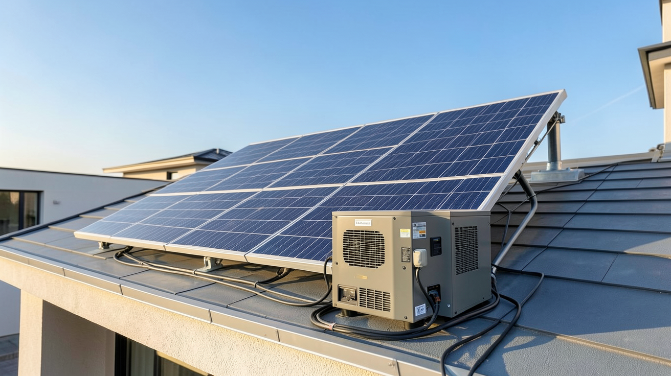 groupe électrogène photovoltaïque en renfort d'une installation solaire résidentielle installé sur un toit moderne