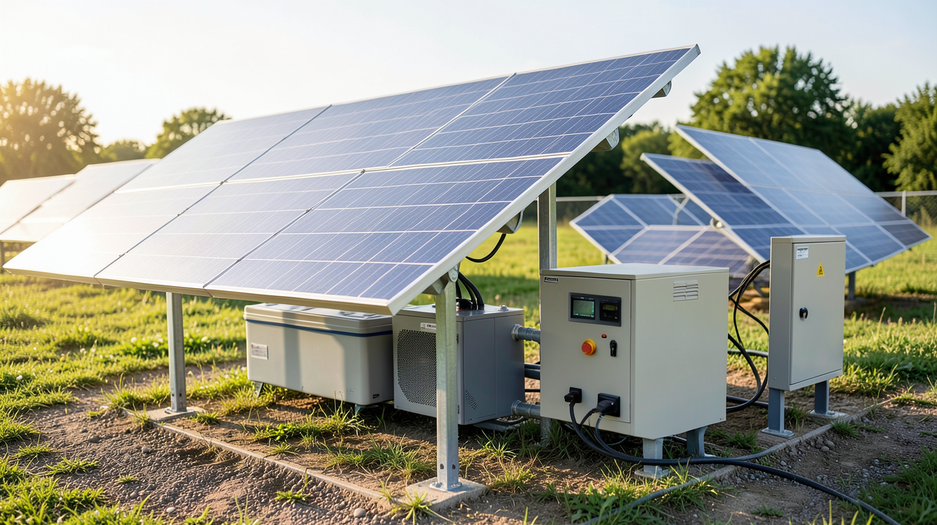 groupe électrogène solaire autonome en fonctionnement avec panneaux photovoltaïques, batterie et onduleur