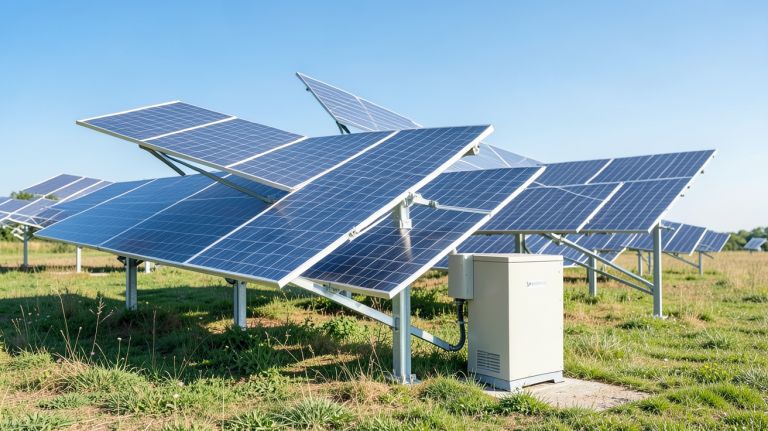 groupe électrogène solaire autonome installé en extérieur avec panneaux photovoltaïques et batterie de stockage