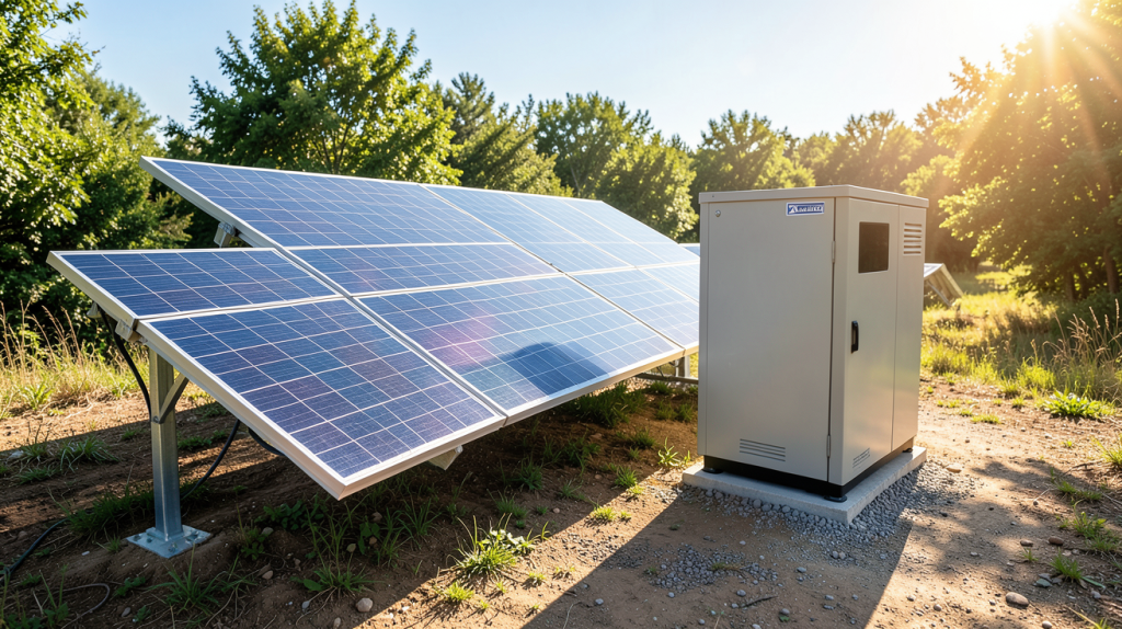 groupe solaire autonome installé en extérieur avec des panneaux photovoltaïques