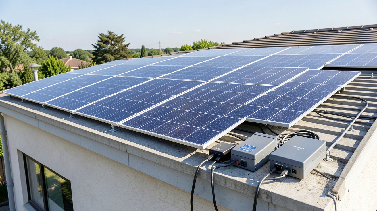groupe solaire autonome montrant des panneaux solaires sur un toit, un onduleur et des batteries de stockage, illustrant le fonctionnement d'un système énergétique indépendant