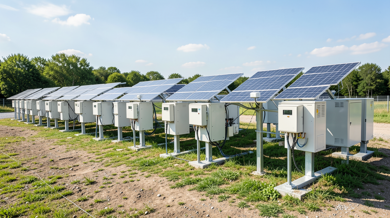 groupe solaire autonome présentant plusieurs modèles exposés en plein jour, avec panneaux photovoltaïques et systèmes de stockage visibles