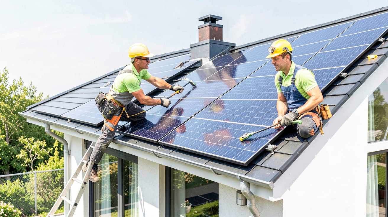 groupe verlaine panneaux photovoltaïques et alternatives d'installateurs certifiés posant des panneaux solaires sur le toit d'une maison en 2024.