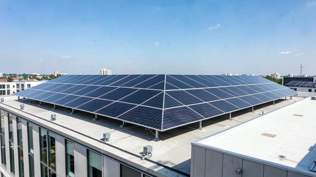 groupe Verlaine photovoltaïque installé sur le toit d'un bâtiment urbain moderne avec des panneaux solaires noirs