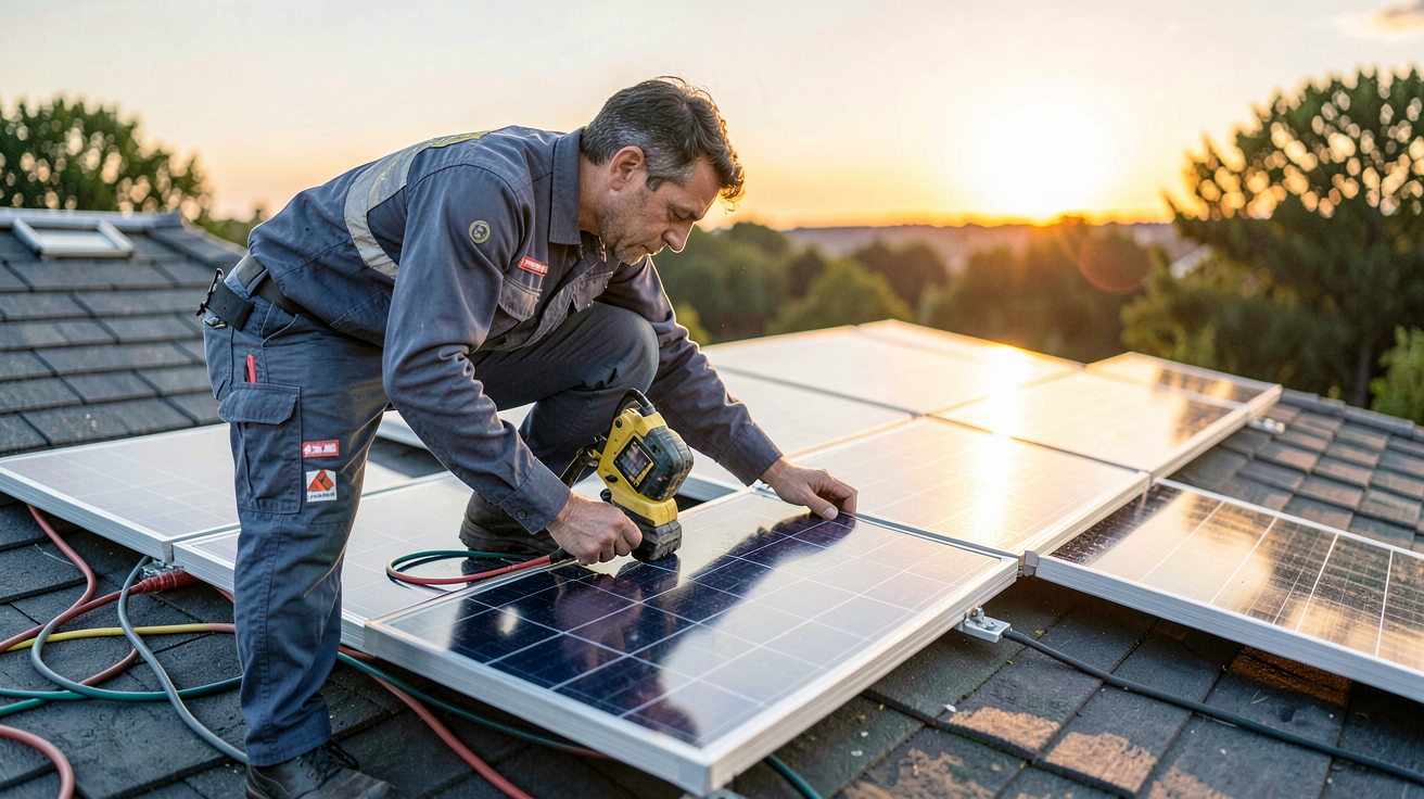 groupe verlaine photovoltaïque technicien installant des panneaux solaires sur un toit de maison