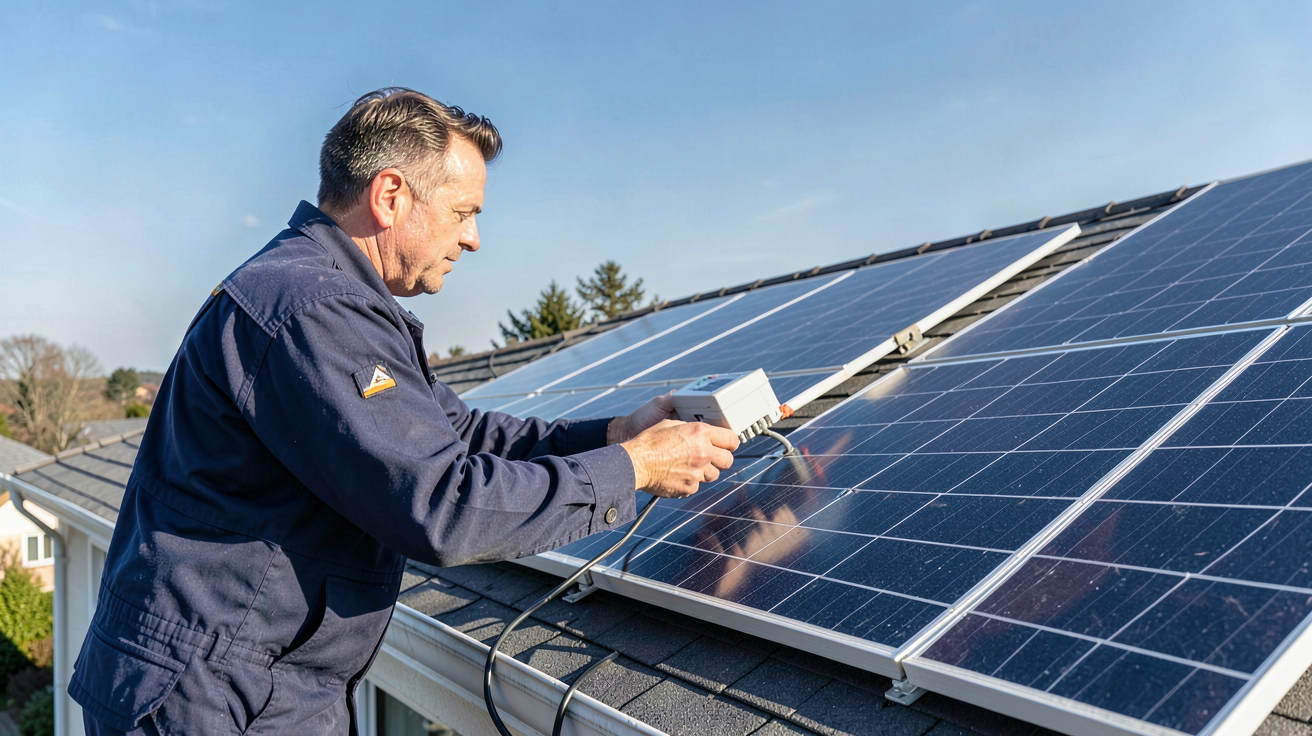 groupe verlaine photovoltaique : étude de cas montrant un technicien inspectant un système photovoltaïque sur une maison