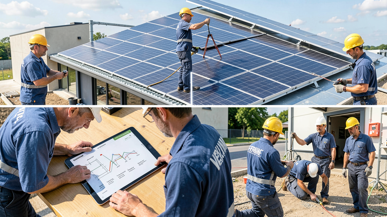 groupe verlaine photovoltaique processus d'installation du site d'étude jusqu'à la mise en service avec techniciens et panneaux solaires