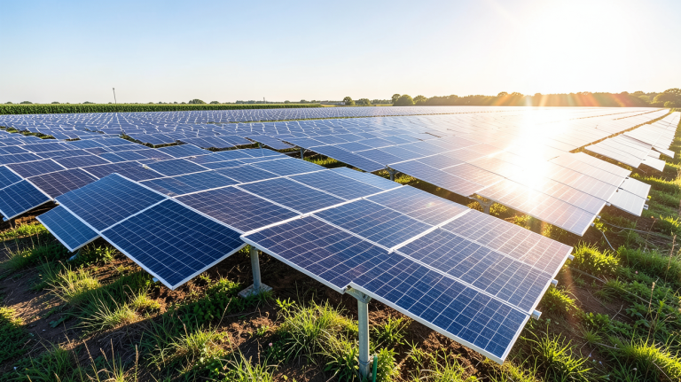 gse photovoltaïque installé sur un grand parc de panneaux solaires sous un ciel bleu