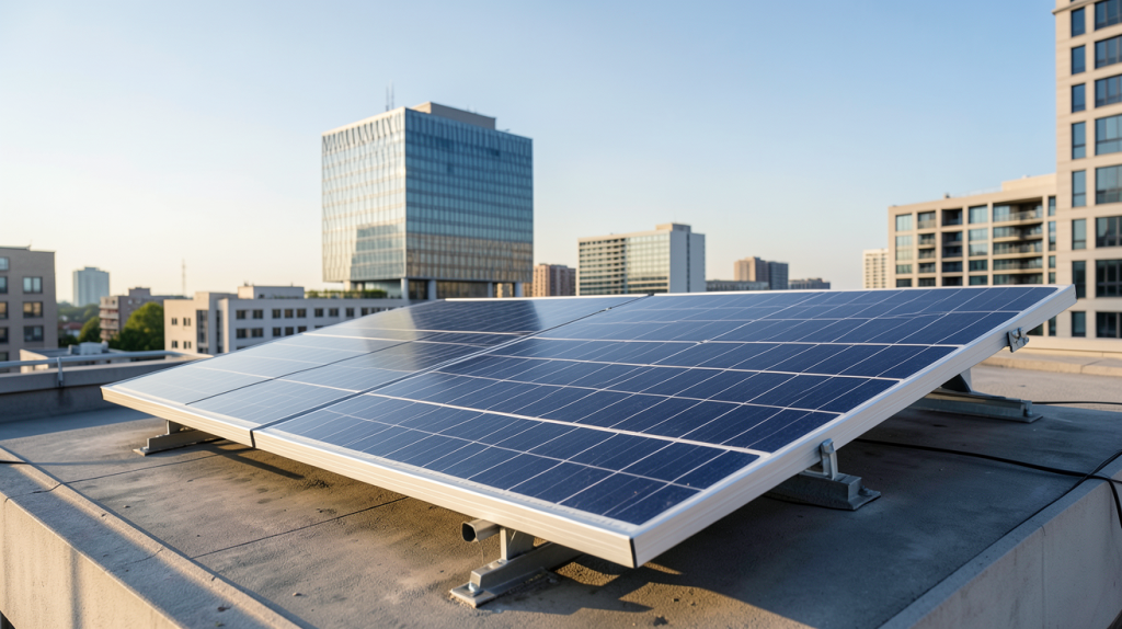 h2r panneau solaire installé sur un toit urbain avec un ciel dégagé