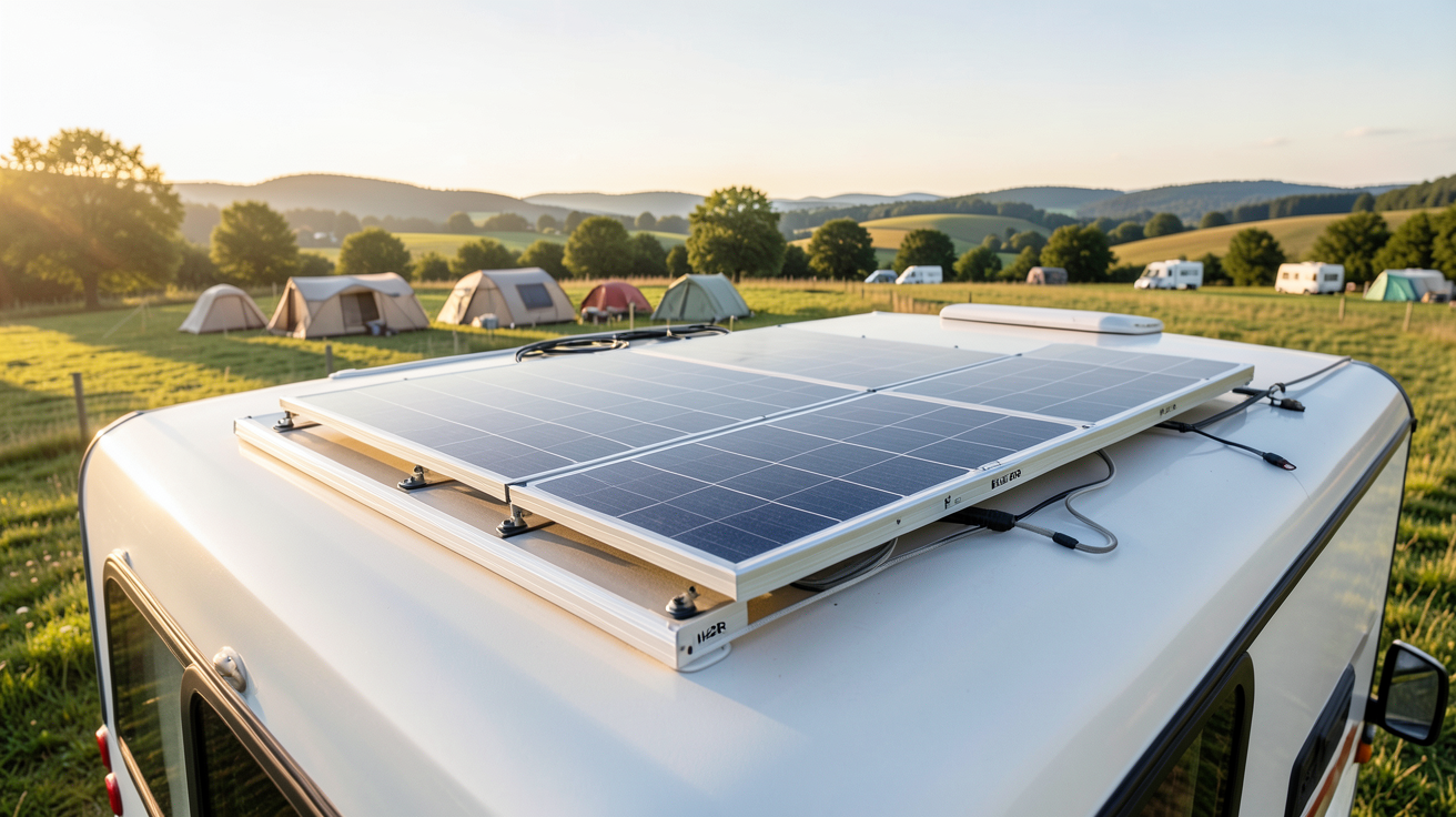 h2r panneau solaire en cours d'installation sur le toit d'un véhicule de loisirs