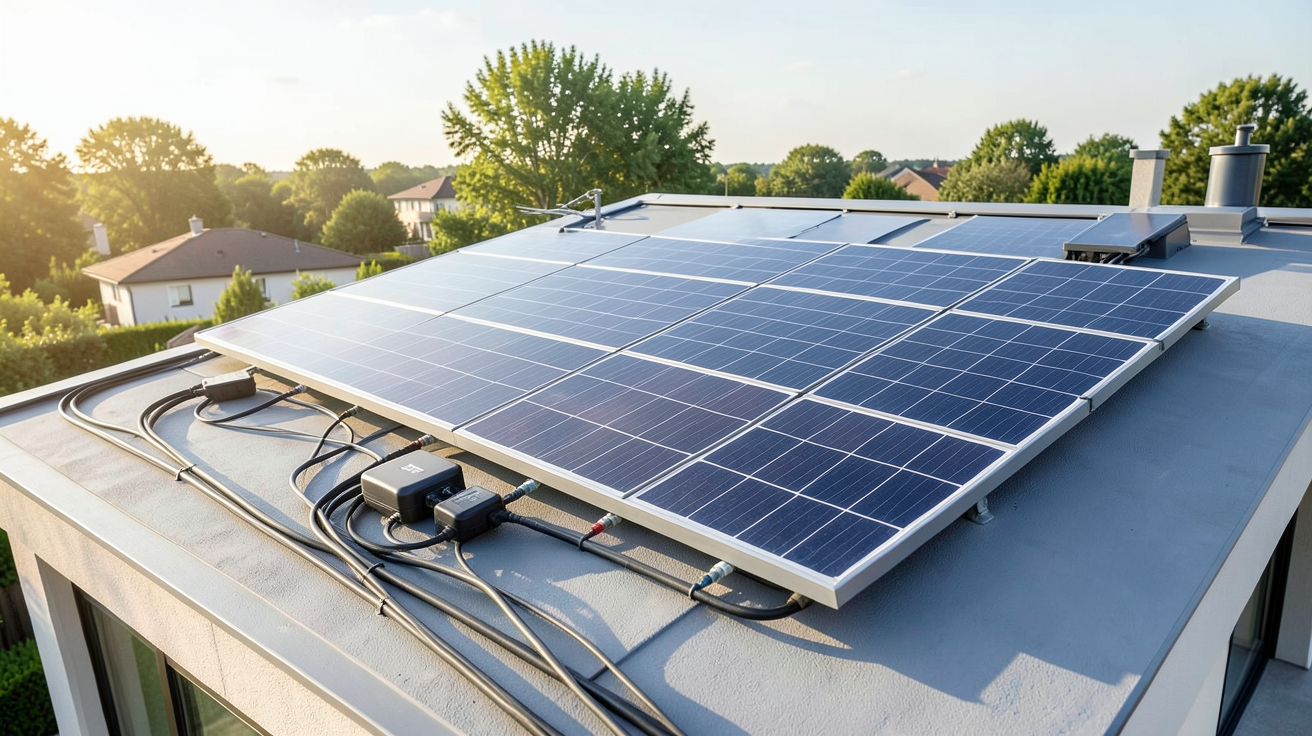 h2r panneau solaire : kit complet installé sur le toit d'une maison moderne avec régulateurs de charge