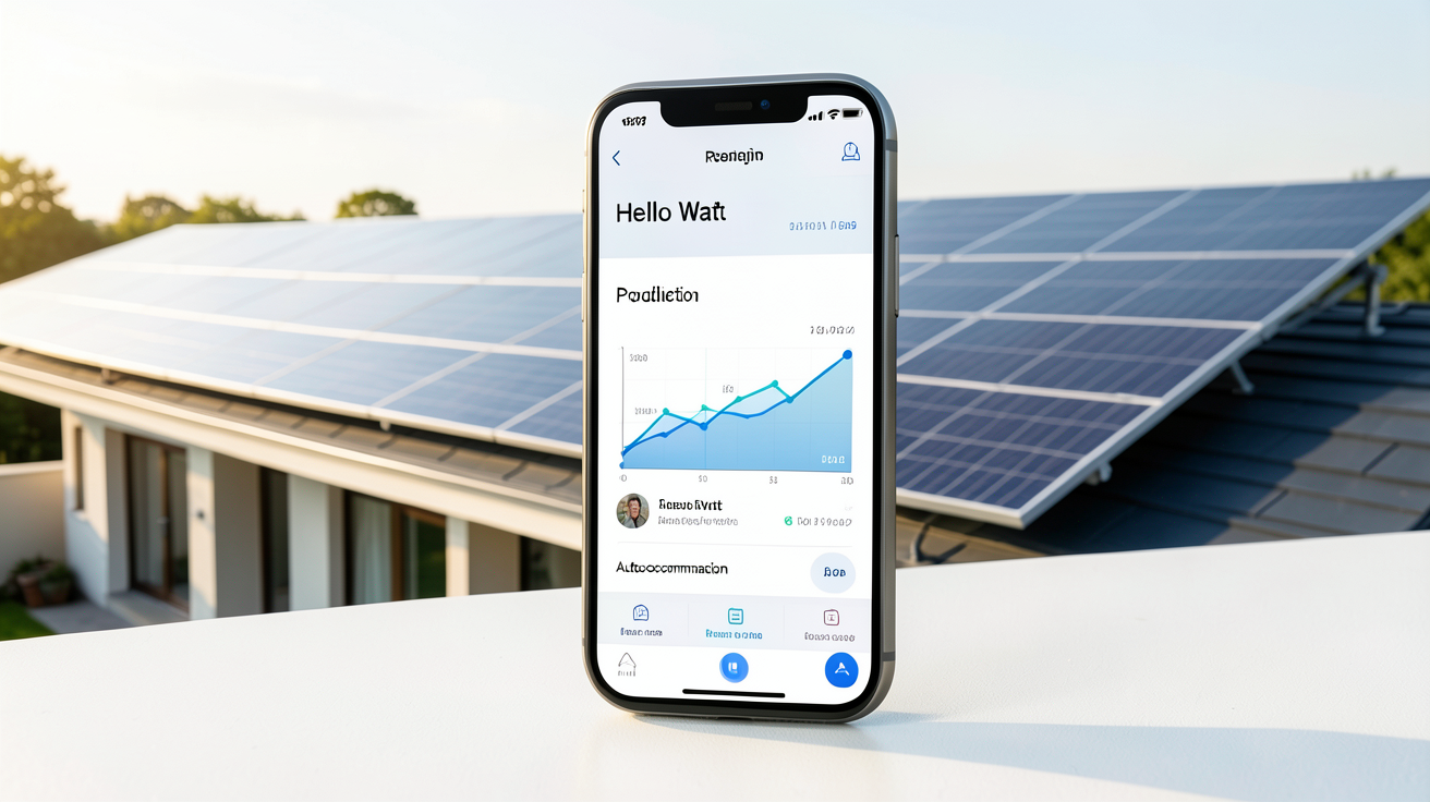 hello watt application affichant le suivi de production, l'autoconsommation et l'injection réseau sur un smartphone