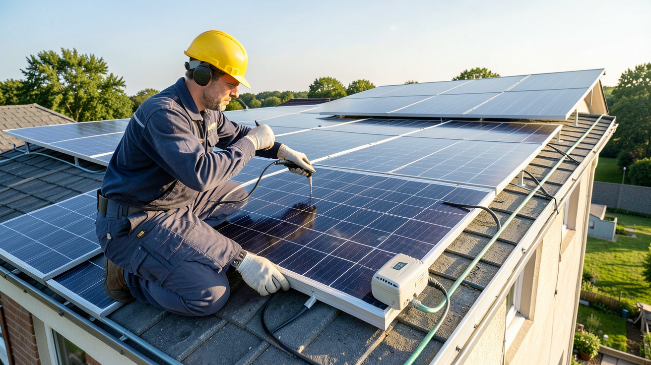 hello watt panneau solaire installation clé en main sur toit de maison avec technicien
