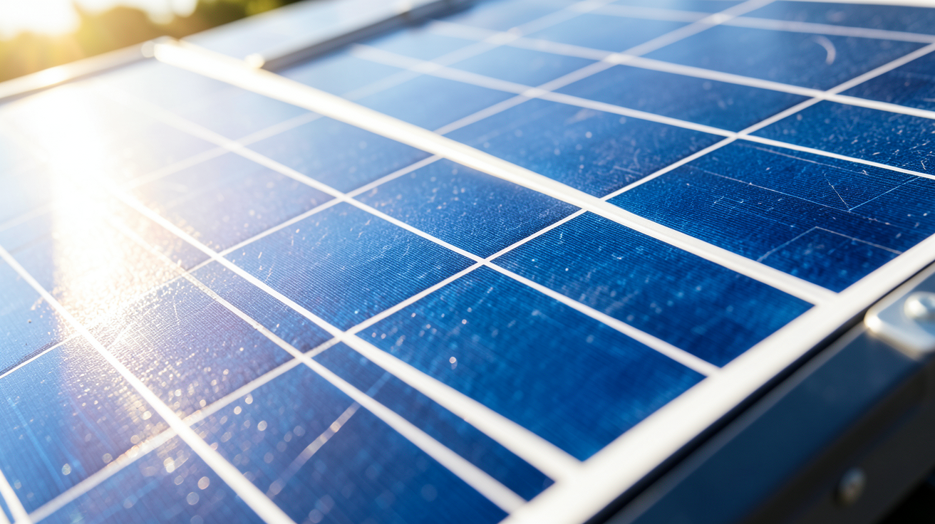 huasun panneau solaire 380wc avec technologie HJT visible en gros plan, photo ultra réaliste d'un panneau photovoltaïque moderne sous lumière naturelle