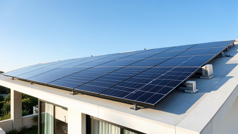 huawei photovoltaique installation sur le toit d'une maison contemporaine avec panneaux solaires noirs