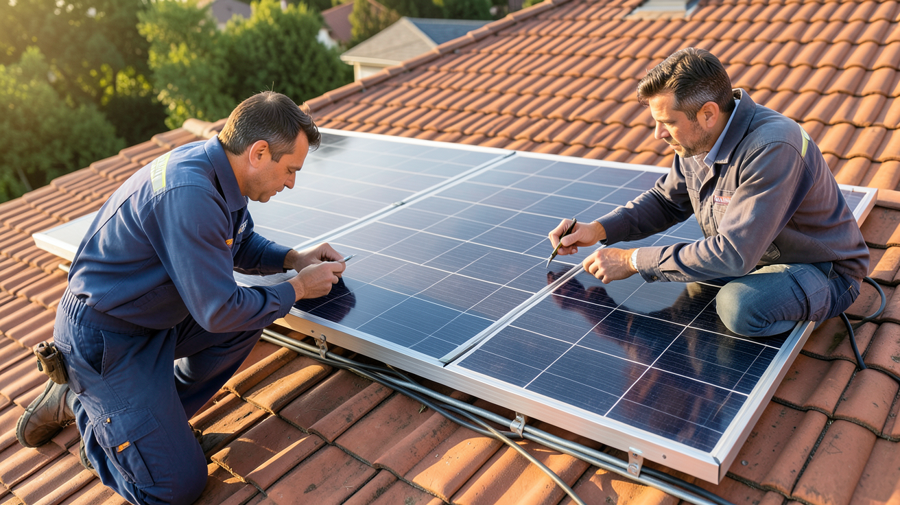 huawei photovoltaïque installation sur toit de maison avec technicien vérifiant les branchements
